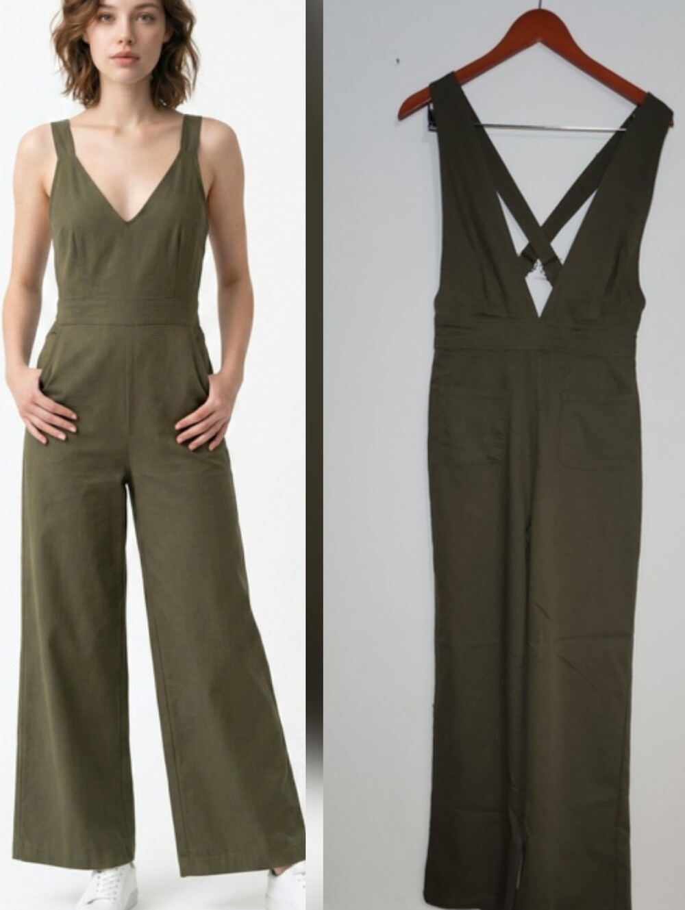 Women’s Olive Green Sleeveless Jumpsuit with Crisscross Back